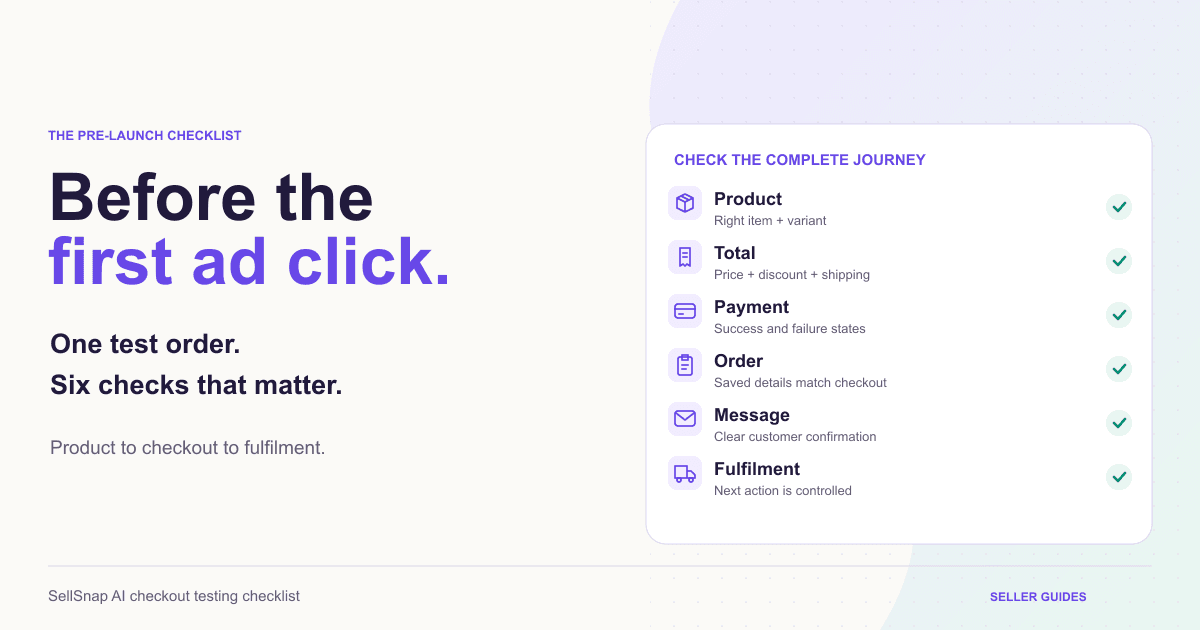 Pre-launch checkout testing checklist with product, pricing, payment and shipping checks